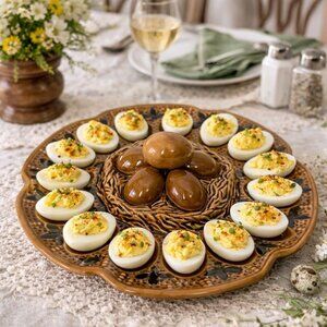 VTG Ceramic Deviled Egg Platter Easter Serving Tray Brown Cottage Farm Core Nest